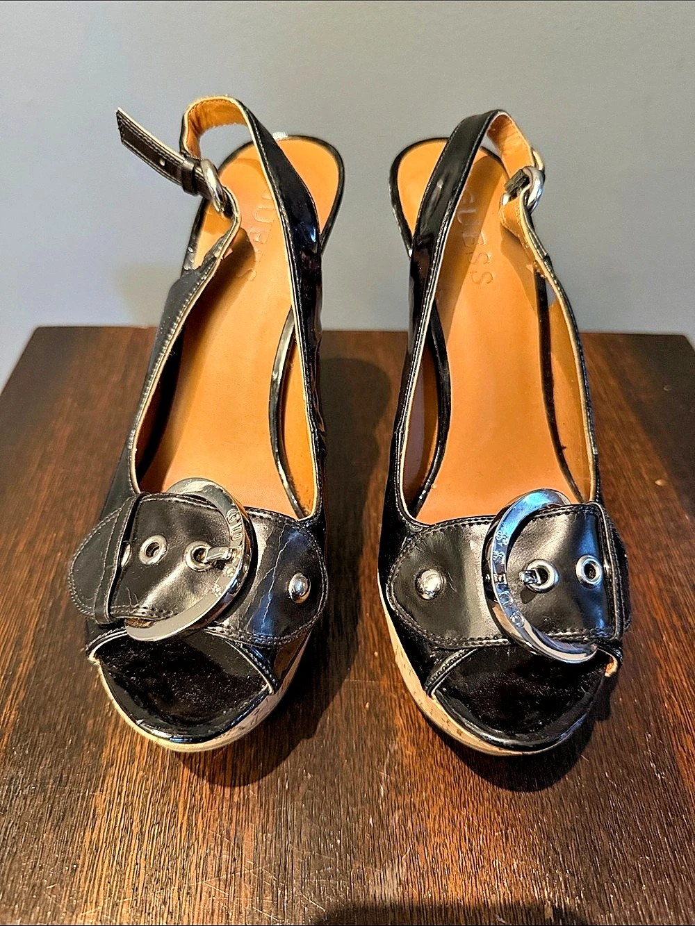 Guess Black patent leather Buckle Platform cork Heels